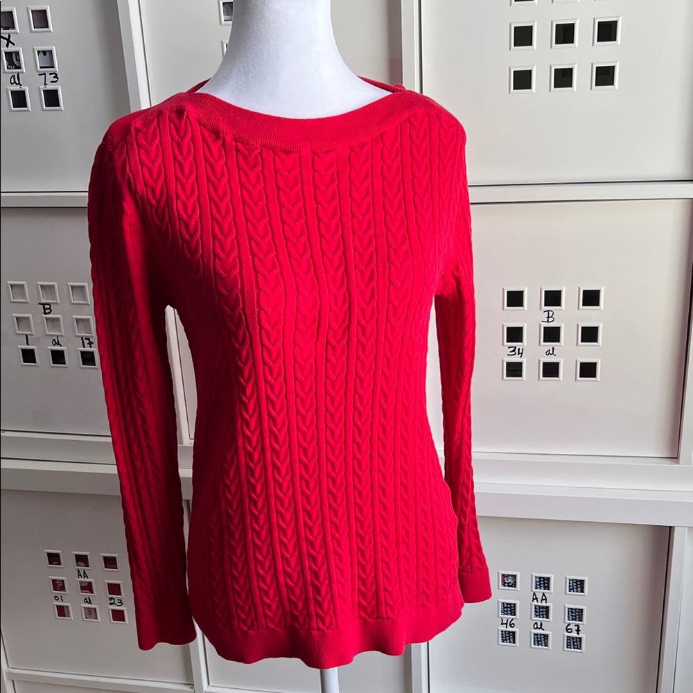 Tommy Hilfiger Red Cable‎ Knit Boatneck Sweater Size M 100% Cotton EUC